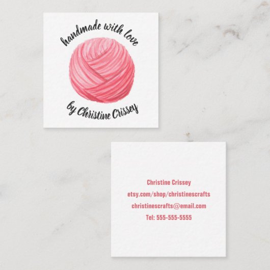 /ニットのピンクの水彩画ヤーンのハンドメイドの技術かぎ針で編んで下さい スクエア名刺 (正面/裏面)