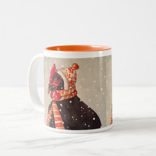 ニットの帽子の休日のマグを持つ居心地のよい鶏 ツートーンマグカップ (正面左)