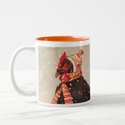 ニットの帽子の休日のマグを持つ居心地のよい鶏 ツートーンマグカップ (左)