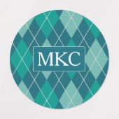 ニットアーガイルティール（緑がかった色）とアクアパターン – 追加イニシャル ラベル (デザイン1)