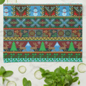 ニットクリスマス雪だるまトナカイ冬パターン キッチンタオル (折り畳み)