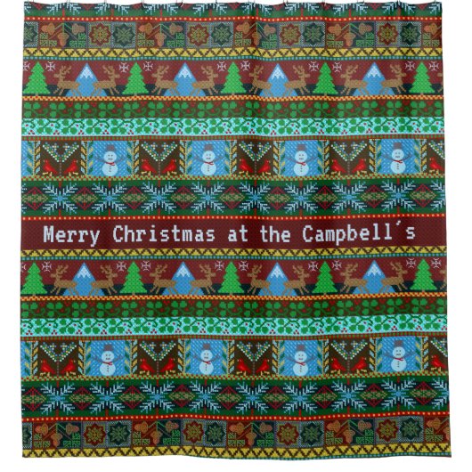 ニットクリスマス雪だるまトナカイ |ファミリ名 シャワーカーテン (正面)