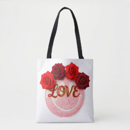 ニットスマイルフェイス 赤薔薇 ラブ バレンタイン フラワーTシャツ トートバッグ