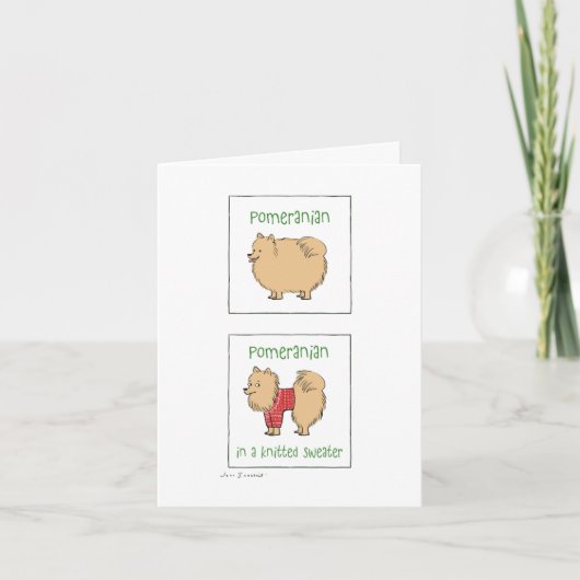 ニットセーターのポメラニア犬 |ユーモアのあるクリスマス シーズンカード (正面)