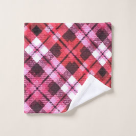 ニットプレイドタータンチェックチェックピンクホワイトワインパターン ウォッシュタオル