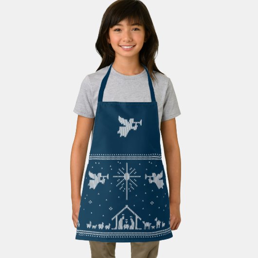 ニット出生&エンジェルズクリスマス宗教的ブルー エプロン (インサイチュ)