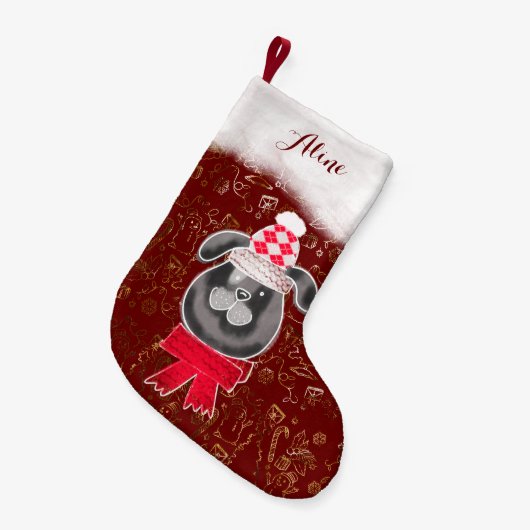 ニット帽とスカーフを被った小さなクリスマス犬 スモールクリスマスストッキング (正面 (吊り時))