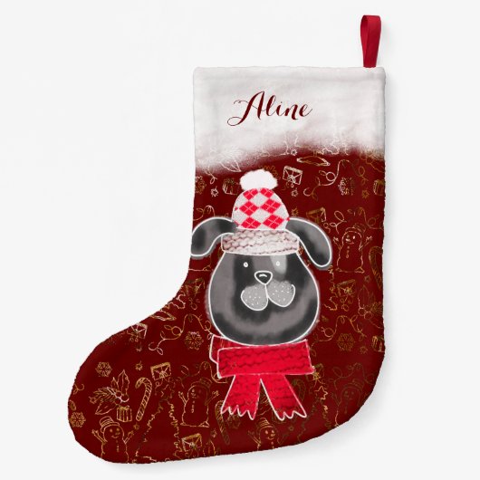 ニット帽とスカーフを被った小さなクリスマス犬 スモールクリスマスストッキング (裏面)