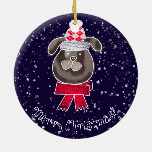 ニット帽とスカーフを被った小さなクリスマス犬 セラミックオーナメント (裏面)