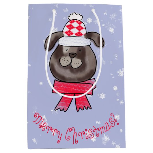 ニット帽とスカーフを被った小さなクリスマス犬 ミディアムペーパーバッグ (正面)