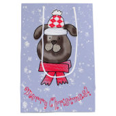 ニット帽とスカーフを被った小さなクリスマス犬 ミディアムペーパーバッグ (裏面)