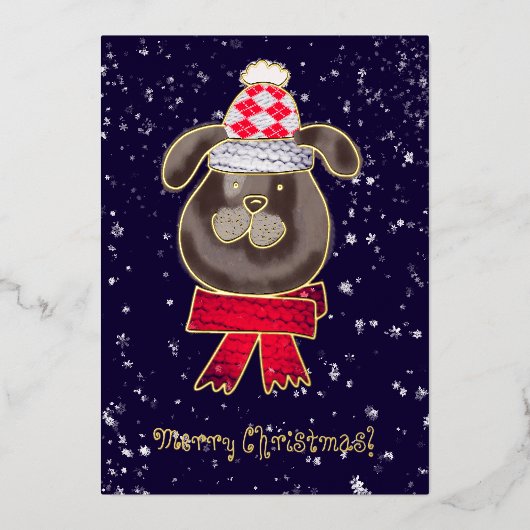 ニット帽とスカーフを被った小さな犬 箔招待状 (正面)