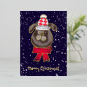 ニット帽とスカーフを被った小さな犬 箔招待状 (立ち正面)