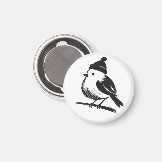 ニット帽をかぶった冬の鳥 – 筆跡のミニマリズム マグネット (正面/裏面)