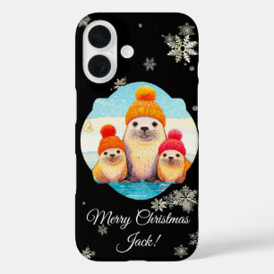 ニット帽子の可愛いシールクリスマスイラストレーション iPhone 16ケース