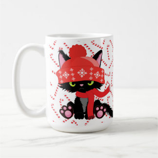 ニット怒ハット付きブラッククリスマスの子猫 コーヒーマグカップ