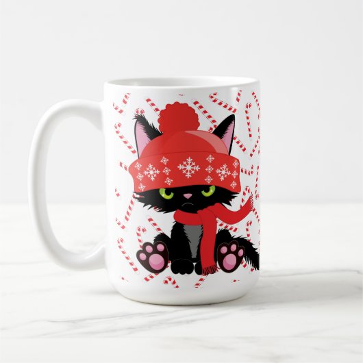 ニット怒ハット付きブラッククリスマスの子猫 コーヒーマグカップ (左)
