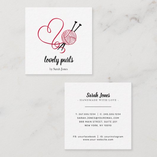 ニット編み物の編み糸ボールロゴ スクエア名刺 (正面/裏面)