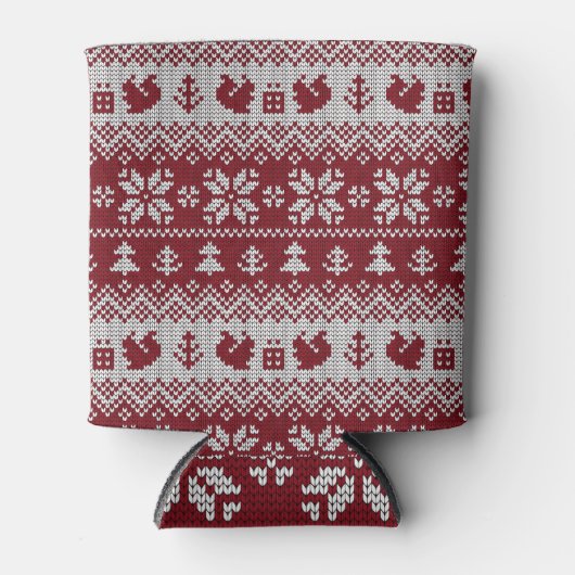 ニット、クリスマス、リス、ヴィンテージパターン。 缶クーラー (正面)