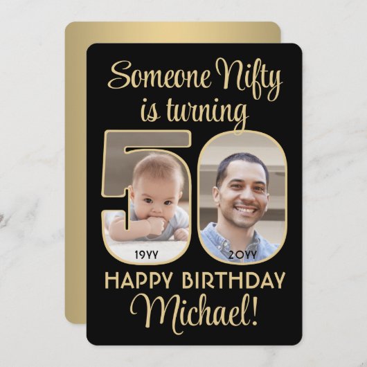 ニフティフィフティブラック&金ゴールド50th Birthday Party写真 招待状 (正面/裏面)