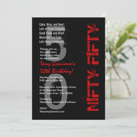 ニフティフィフティ – 50th誕生日白黒レッド 招待状 (スタンド正面)