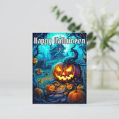 ニフ白熱［赤熱］光を放つレハッピーハローウィンカボチャ ポストカード (スタンド正面)