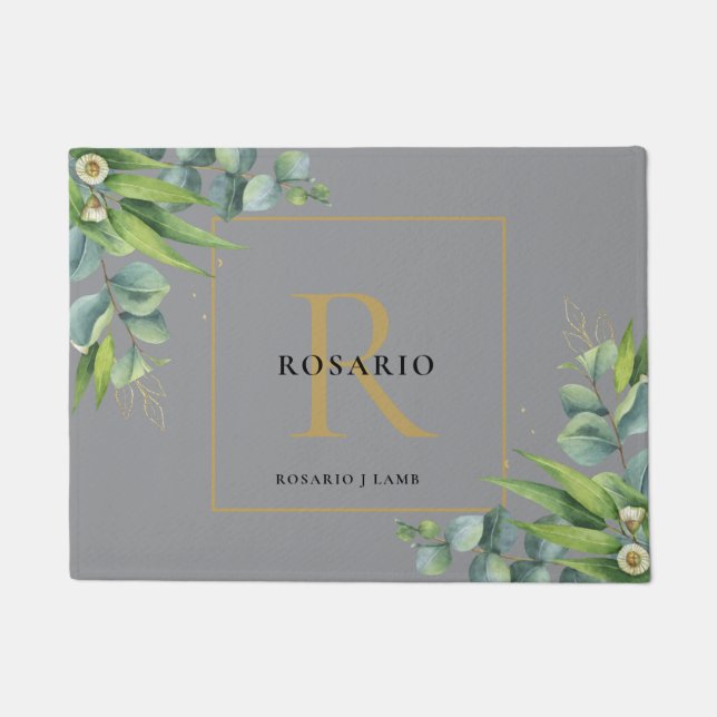 ニムバパーソナライズされたスグレイ金ゴールドモノグラム ドアマット (正面)