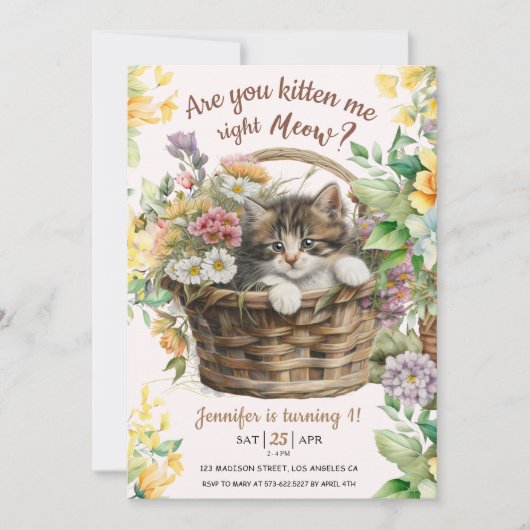 ニャアって言うのか |キャットガール1歳の誕生日 招待状 (正面)