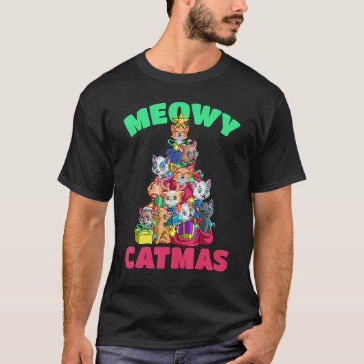 ニャンコ クリスマス 猫 ツリー 男子女子 ギフト Tシャツ (正面)