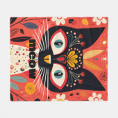 ニャータスティックボホレトロミッドセンチュリーフローラ猫 フリースブランケット (正面(横))