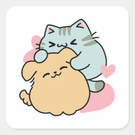 ニャーニャーと鳴き合う絶品 – かわいい猫と犬 スクエアシール