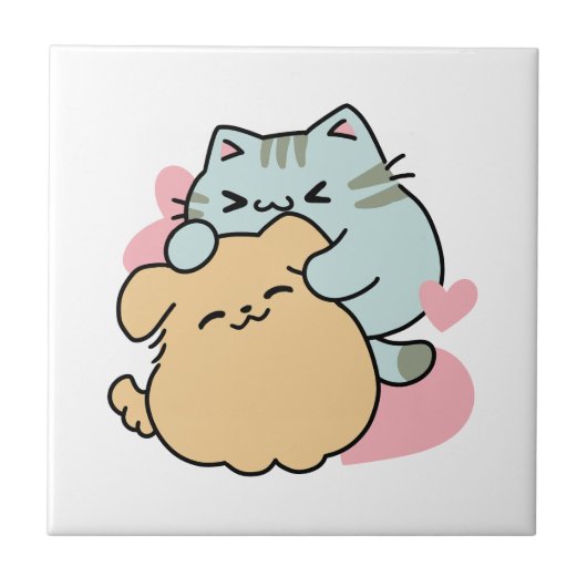 ニャーニャーと鳴き合う絶品 – かわいい猫と犬 タイル (正面)