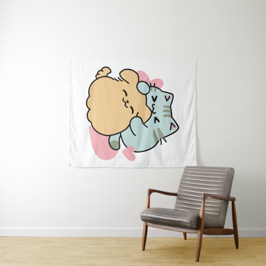ニャーニャーと鳴き合う絶品 – かわいい猫と犬 タペストリー (インサイチュ(横))