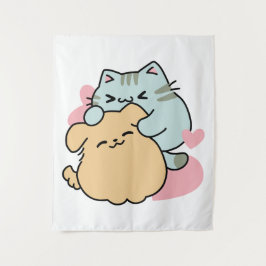 ニャーニャーと鳴き合う絶品 – かわいい猫と犬 タペストリー