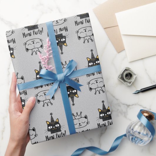 ニャーパーティーおもしろい黒猫誕生日かわいいニャーニャー ラッピングペーパー (ギフト)