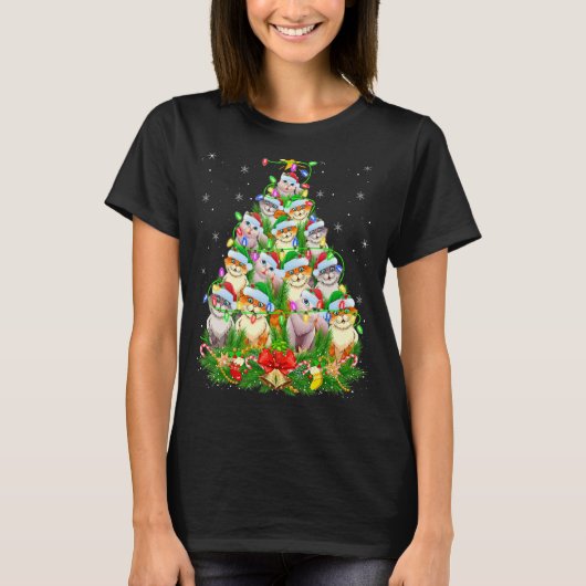 ニャー猫好きクリスマスライトサンタ猫クリスマストtr tシャツ (正面)