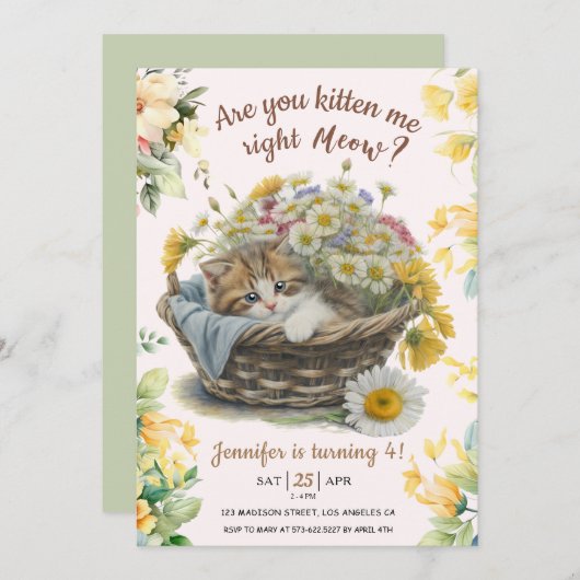 ニャー！かわいい子猫フローラ子猫4歳の誕生日 招待状 (正面/裏面)