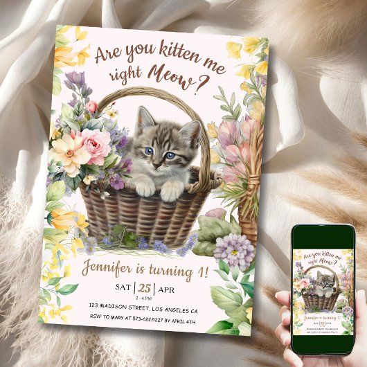 ニャー!フローラかわいい子猫ガールキャット1歳の誕生日 招待状