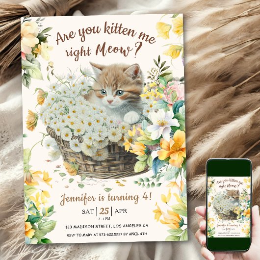 ニャー！フローラかわいい子猫ガールキャット4歳の誕生日 招待状