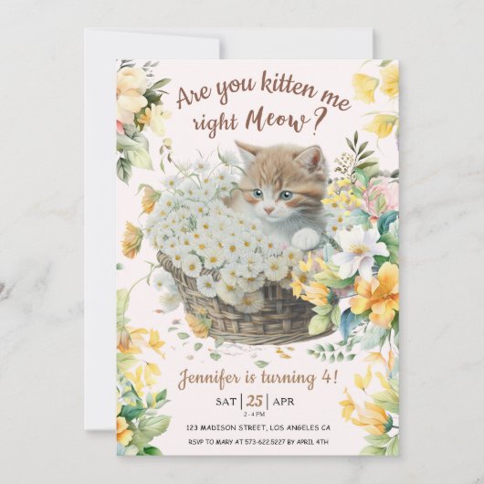 ニャー！フローラかわいい子猫ガールキャット4歳の誕生日 招待状 (正面)