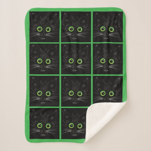 ニヤニヤする緑の目の猫 シェルパブランケット (正面)