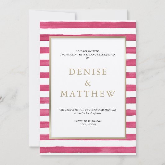 ニュアンス ピンク ウォーターカラー ストライプ & ゴールド レタリング 招待状 (正面)