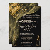ニュイヤーを祝う ブラック & ゴールドのバブルシャンパン 招待状 (正面/裏面)