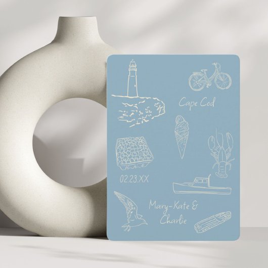 ニュイングランドの夏をイメージしたダスティーブルーのSave The Date 招待状