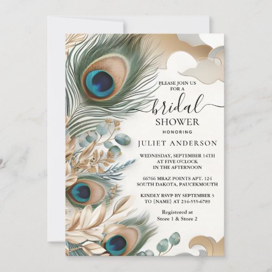ニューアジア素朴スカイクラウドピーコックブライダルシャワー 招待状 (正面)
