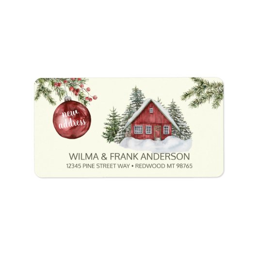 ニューアドレスレッドキャビン雪の中で常緑樹と ラベル (正面)