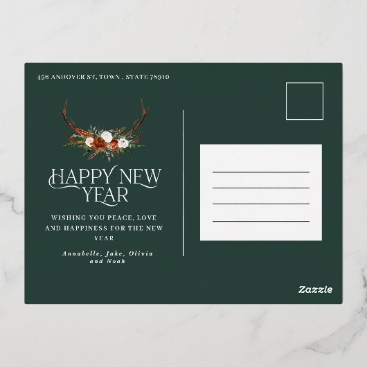 ニューイヤーの予算にぴったりな、エレガントな緑の植物デザイン 箔シーズンポストカード (裏面)