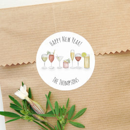 ニューイヤーの水彩おしゃれカクテル飲料 ラウンドシール