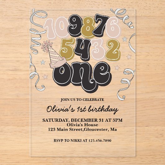 ニューイヤーイブカウントダウンファースト誕生日招待状 アクリル招待状 (正面)