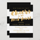 ニューイヤーイブパーティの招待状白黒&金ゴールド 招待状 (正面/裏面)